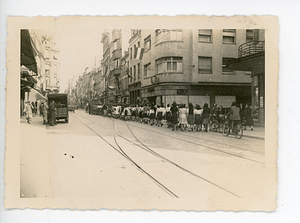 View of Luxembourg city children parading through the streets singing their victory song