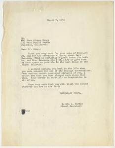 Letter from Calvin J. Martin to Amos Alonzo Stagg (March 5, 1952)