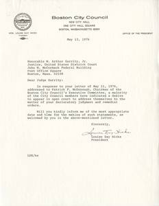 Correspondence between Louise Day Hicks, President of the Boston City Council, and Judge W. Arthur Garrity, 1976 May