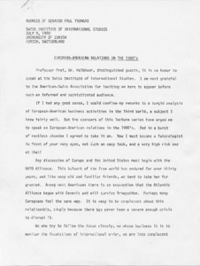 Address of Senator Paul Tsongas to Swiss Institute of International Studies - "European-American Relations in the 1980's"