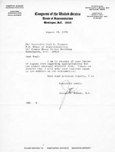Letter to Paul E. Tsongas from Joseph M. McDade