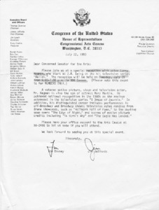 Letter from Tom Downy and Jim Jeffords to reception with Larry Hagman