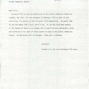 Correspondence requesting the use of the Quincy School auditorium for a film showing by the Chinatown Film Association