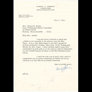 Letter from Albert J. Penner to Mrs. George R. Bailey about Melnea Cass testimonial