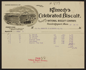 Billhead for Kennedy's Celebrated Biscuit, National Biscuit Company, Cambridgeport, Mass., dated April 23, 1902
