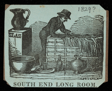 Man unpacking tableware items, location unknown, ca. 1829