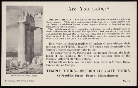 Postcard for Temple Tours, Intercollegiate Tours, 65 Franklin Street, Boston, Mass., 1923