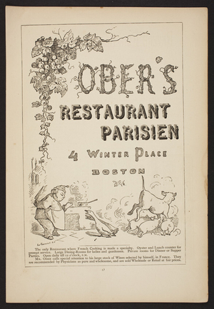 Handbill for Ober's Restaurant Parisien, 4 Winter Place, Boston, Mass., undated