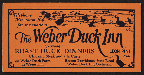 Trade card for The Weber Duck Inn, restaurant, Wrentham, Mass., undated