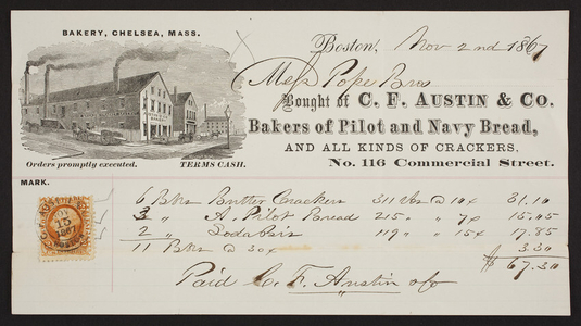 Billhead for C.F. Austin & Co., bakers of pilot and navy bread, No. 116 Commercial Street, Boston, Mass., dated November 2, 1867