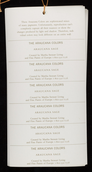 Araucana colors, created by Martha Stewart Living and Fine Paints of Europe, New York, New York and Woodstock, Vermont