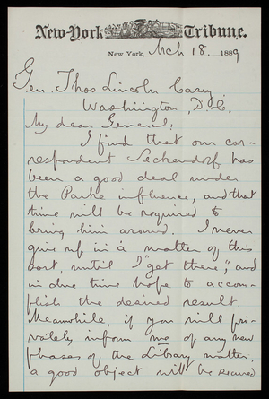 Henry Hall to Thomas Lincoln Casey, March 18, 1889