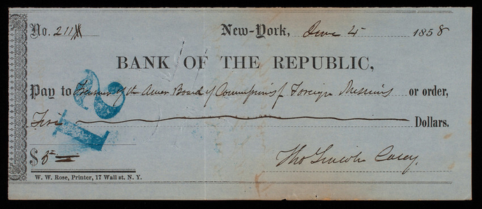 Treasurer of the American Board, June 4, 1858, check