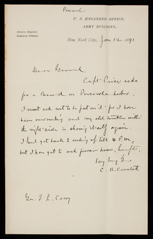 [Cyrus] B. Comstock to Thomas Lincoln Casey, January 12, 1891