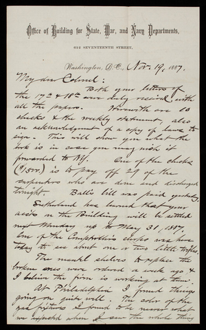 [Bernard] R. Green to Thomas Lincoln Casey, November 19, 1887