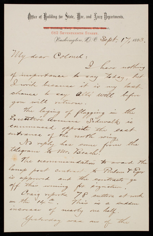 Bernard R. Green to Thomas Lincoln Casey, September 17, 1883