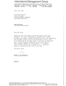 Letter from Mark H. McCormack to Kathy P. Lazar