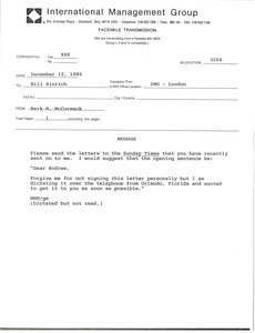 Fax from Mark H. McCormack to Bill Sinrich