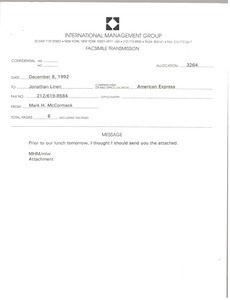 Fax from Mark H. McCormack to Jonathan Linen