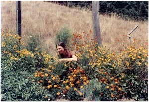 Sandi Sommer in first year's flower garden, Salmon Creek