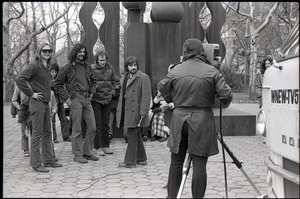 Commune members being interviewed by Channel 5 news: Jim Baker, Steve Wilhelm, Richard Safft (l. to r.)