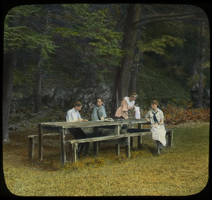 The picnic grounds, Mt. Toby (children sitting at picnic table)