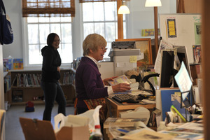 Librarian at her desk, New Salem Public Library