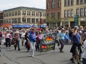 Raging Grannies marching during the Pride Parade; Main Street, Northampton, Mass.