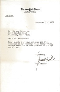 Letter from Tom Wicker to Harvey Wasserman