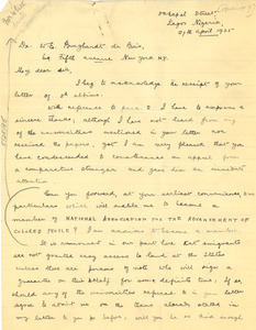 Letter from Olakunbe Oderonbi Roberts to W. E. B. Du Bois