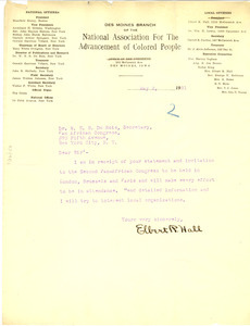 Letter from Elbert R. Hall to W. E. B. Du Bois