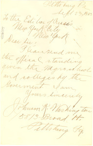 Letter from Johnson R. Washington to Editor of the Crisis