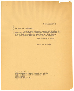Letter from W. E. B. Du Bois to Independent Citizens Committee for the Arts, Sciences and Professions
