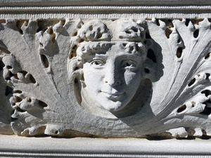 Dickinson Memorial Library: detail of classical face carved in frieze