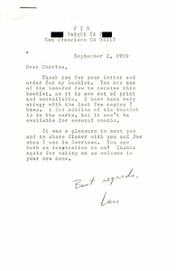 Correspondence from Lou Sullivan to Charles Kiley (September 2, 1989)