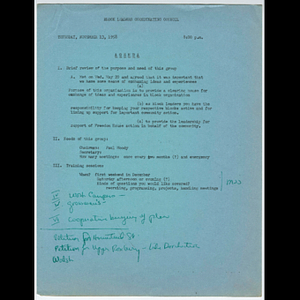Agenda for Block Leaders Coordinating Council meeting held November 13, 1958