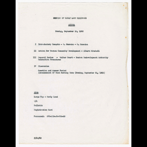 Agenda for meeting of early land residents held September 10, 1962