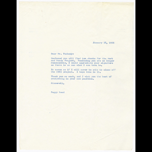 Letter from Peggy Reed to Mr. Peabody about checks related to the 1965 Roxbury Work and Study Project