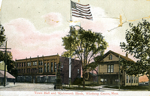 A Color Post Card Picture of Town Hall and Wadsworth Block in Winthrop Center.