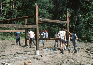 Northern barn portion construction at the Moon Barn Raising at entrance to Hopkins Forest on 2 August 1975.