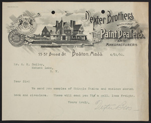 Letterhead for Dexter Brothers, wholesale paint dealers and manufacturers, 55-57 Broad Street, Boston, Mass., dated April 21, 1891