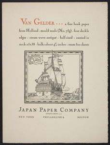 Van Gelder, a fine book paper from Holland, mould made No. 75g, Japan Paper Company, New York, Philadelphia, Boston, 1928