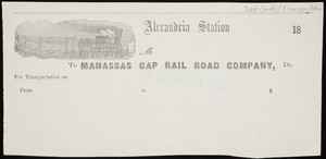 Billhead for the Manassas Gap Rail Road Company, Alexandria Station, Virginia, 1800s