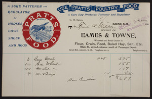 Billhead for Pratts Food, Eames & Towne, poultry food, Main St., Keene, New Hampshire, undated