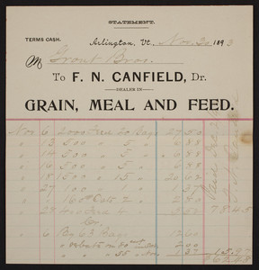 Billhead for F.N. Canfield, Dr., grain, meal and feed, Arlington, Vermont, dated November 30, 1893