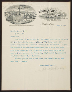 Letterhead for John H. Vose, Eastern Agent for John P. Squire Co., dealers in pork, lard, hams, 235 Commercial Street, Portland, Maine, dated August 5, 1905