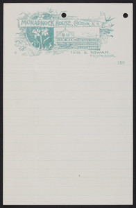 Letterhead for the Monadnock House, hotel, Colebrook, New Hampshire, dated October 30, 1894