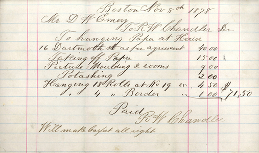 Billhead for R.W. Chandler, Dr., paper hanger, 50 Franklin Street, Boston, Mass., dated November 8, 1878