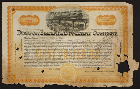 Stock certificate for the Boston Elevated Railway Company, Old Colony Trust Company, Boston, Mass., dated April 6, 1926