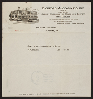 Billhead for Bickford Moccasin Co., Inc., moccasins, 4-8 Washington Street, Auburn, Maine, dated July 12, 1926